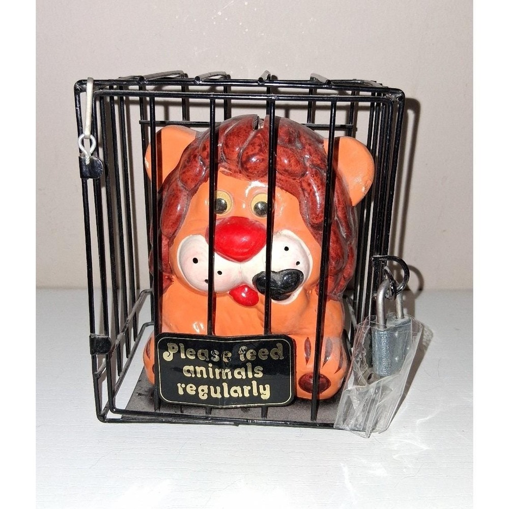 Vintage Taiwan Ceramic Lion Coin Bank in Locked Cage "Please Feed‎ Animals
